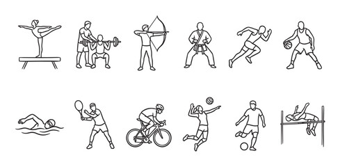 Obraz premium A collection of hand-drawn black and white silhouette icons depicting various athletes engaged in sports like gymnastics, weightlifting, archery, karate, running, basketball, swimming, tennis, cycling