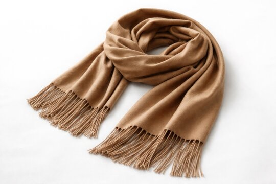 Sophisticated camel cashmere scarf with delicate fringes neatly draped on white background