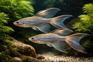 Obraz premium Bright Veil Fin Zebra Danios pair gliding through freshwater habitat
