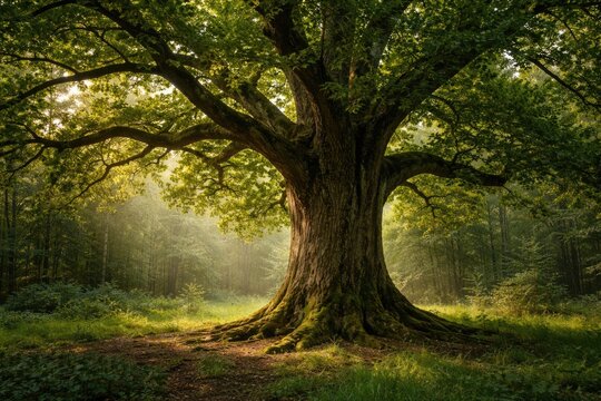 Large mature oak tree showcasing thick trunk and dense foliage