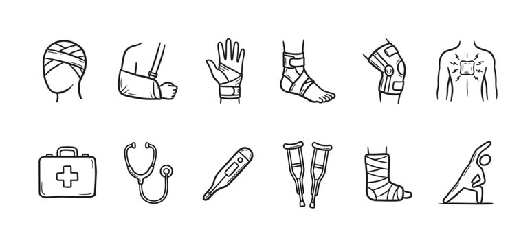 A set of black and white line art icons representing medical injuries, treatments, and tools, perfect for healthcare and wellness themes.