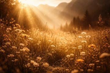 Naklejka premium Warmly lit alpine meadow closeup featuring sunbeams in vintage sepia tone