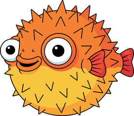  Cute Smiling Orange Cartoon Puffer Fish Character Vector Illustration for Ocean, Kids, and Aquatic Animal Designs © Rtazmina