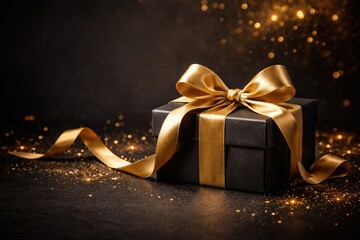 Naklejka premium Luxury holiday gift box featuring golden ribbon on a dark elegant backdrop perfect for New Year card templates with copy space