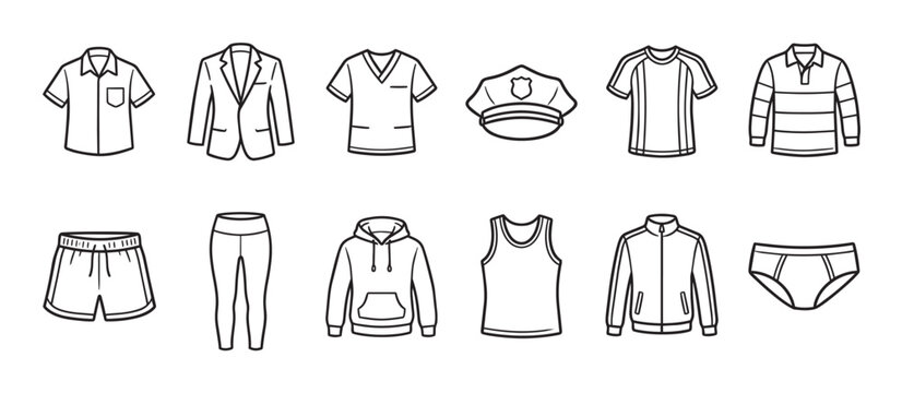 A clean vector art illustration featuring a variety of clothing items in a grid layout, including professional, casual, and sportswear, each with clear outlines on a white background.
