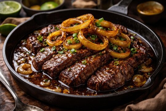 Authentic Filipino angus bistek tagalog steak dry aged with soy sauce and onion ring topping in cast iron dish