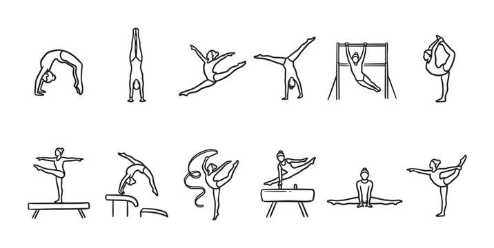 A simple line art collection of diverse gymnastics poses, showcasing flexibility and athletic skill on white background.