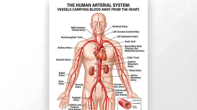 The Human Arterial System Chart Depicting Major Arteries Carrying Oxygenated Blood Away from the Heart, Including Carotid, Subclavian, Aortic, Renal and Femoral Branches, with Cross‑Section Inset of A