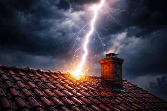 Flashing lightning bolt on red tile rooftop next to chimney under stormy sky