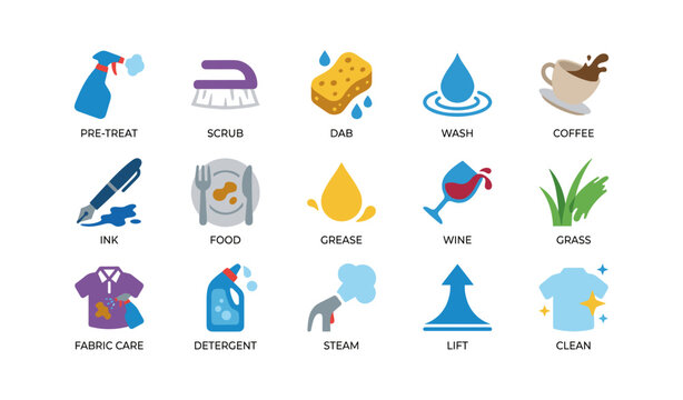 Laundry stain removal icons showing cleaning steps on white background