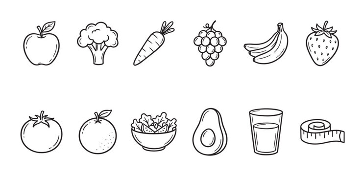 A collection of hand-drawn icons depicting healthy foods like fruits, vegetables, salad, avocado, a glass of water, and a measuring tape on a white background.