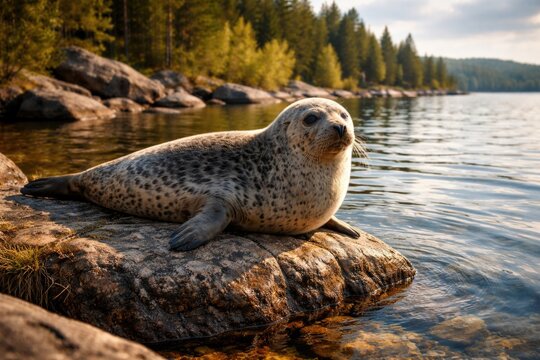 Portrait of a Pusa hispida ladogensis seal basking on a lakeside rock