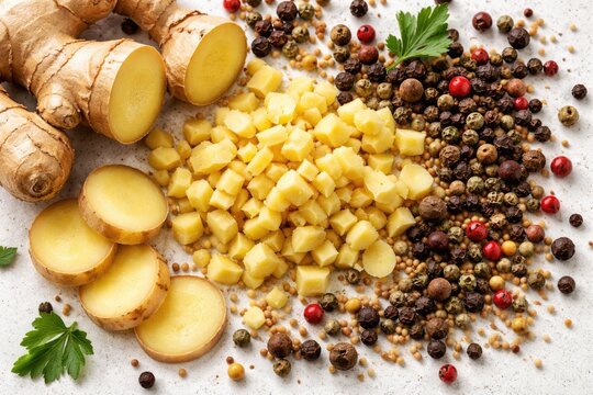 Freshly chopped ginger combined with black green and red peppercorns mustard seeds and allspice on white top view