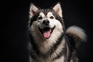 Fototapeta premium Playful Siberian malamute canine in black studio setting smiling