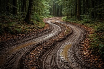 Fototapeta premium Serpentine muddy track crossing dense woods with distinct tire patterns on soft earth and vibrant leaf cover
