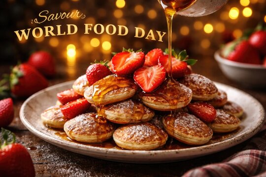 Savor World Food Day with strawberry topped Dutch mini pancakes and a drizzle of maple syrup