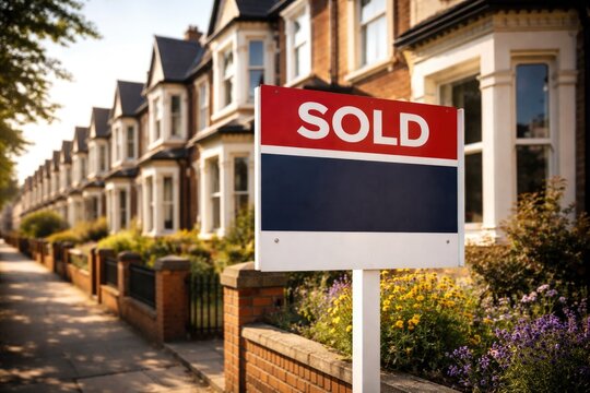 Residential sold sign installed before a row of terraced houses