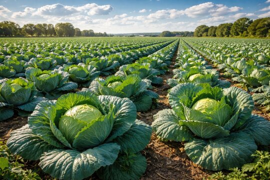 Robust cabbage crop growing strongly in broad agricultural field under sunny sky