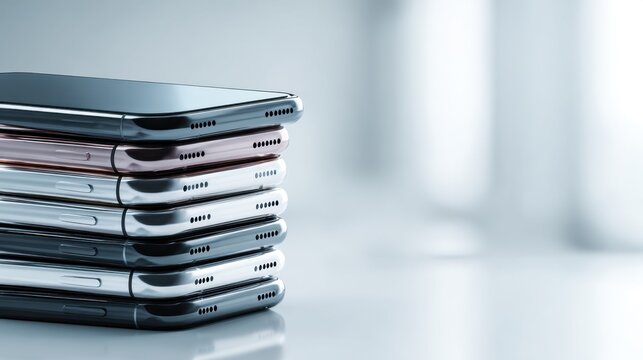 Stack of modern smartphones with shiny metallic edges and speaker grills placed neatly against a soft blurred background with reflective surface below