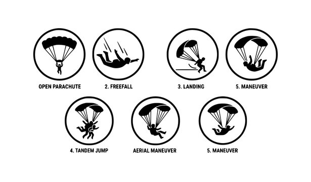 Parachute Skydiving Silhouette Icons Set Extreme Sport Black Vector Pack