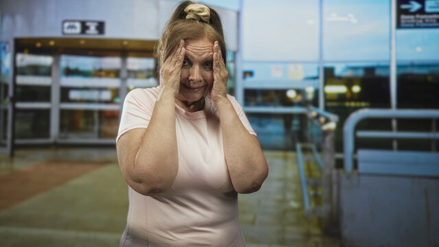 Woman holding hands to temples at airport entrance by automatic doors and glass walkway, standing in the terminal; travel anxiety.
