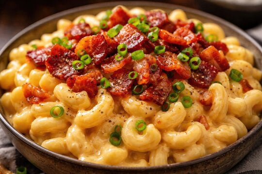 Comfort food macaroni mixed with smooth cheese sauce and topped with smoky bacon and scallions
