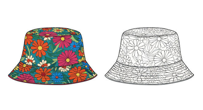 Colorful floral bucket hat and black and white outline version  