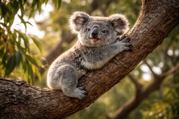 Naklejka premium Playful koala perched comfortably on a high tree limb admiring nature
