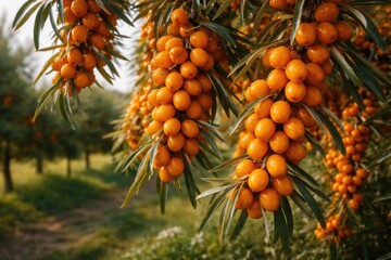 Naklejka premium Organic sea buckthorn fruit hanging from branches in a natural farm environment