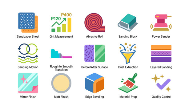 Set of sanding and surface preparation icons on white background