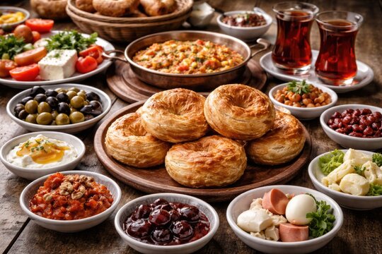 Turkish breakfast assortment showcasing boyoz alongside diverse heritage dishes