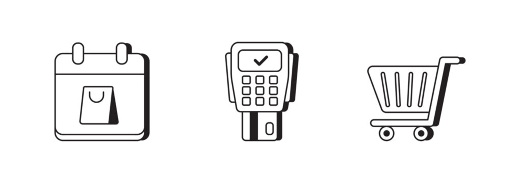 Calendar card terminal cart icons depict retail payment workflow for retailer scheduling flash sale, highlighting contactless tap,