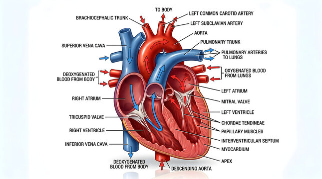 Comprehensive labeled diagram of the human heart and great vessels illustrating aorta, pulmonary arteries, pulmonary veins, venae cavae, coronary arteries and internal chambers, highlighting the pathw