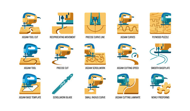 Electric jigsaw tool cutting curved wood pieces in icon set