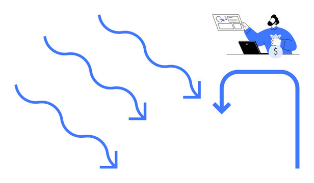 Business strategy, workflow management, financial planning, decision making, digital operations, productivity. Arrows showing steps and a man analyzing data. Business strategy and workflow management