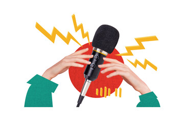 Fototapeta na wymiar Exclusive art banner collage of hands hold voice microphone karaoke occasion event strike voice revolution lightning symbol