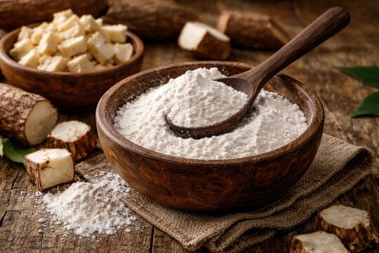 Rustic wooden bowl and spoon featuring natural tapioca flour and dry cassava pieces