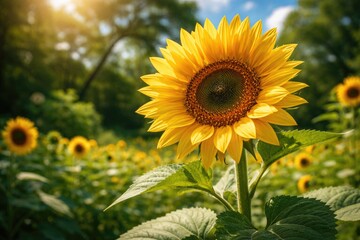 Fototapeta premium Sunlit sunflower flower flourishing on a clear summer day with verdant greenery