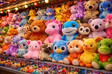 Fototapeta premium Variety of soft stuffed animal prizes at a vibrant carnival stand