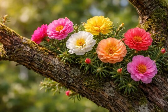 Multiple colored moss rose blooms thriving on an aged tree branch outdoors