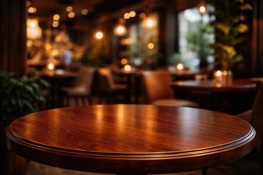 Sophisticated cafe environment presenting a round mahogany table paired with an artistic blurred background for product visibility