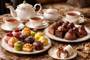 Fototapeta premium Refined tea service complemented by colorful petit fours and creamy chocolate
