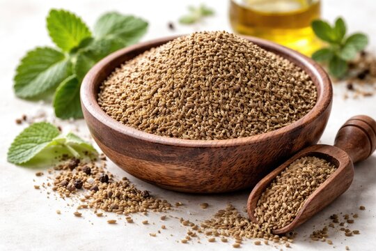 Wooden bowl presenting ajwain carom spice seeds on white backdrop emphasizing cooking and therapeutic qualities