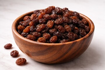 Obraz premium Natural wooden bowl holding a cluster of raisins on a smooth white backdrop