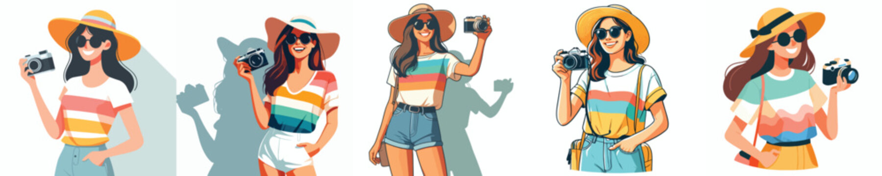 half body vector happy woman holding camera in summer costume