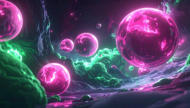 Pink orbs float amid neon green/purple terrain in a fantastic alien landscape against a starry nebula sky