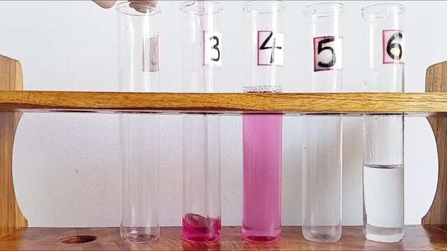 Pouring And Filling A Glass Test Tube On A Rack With A Purple Colored Chlorinated Water Sample After DPD Testing