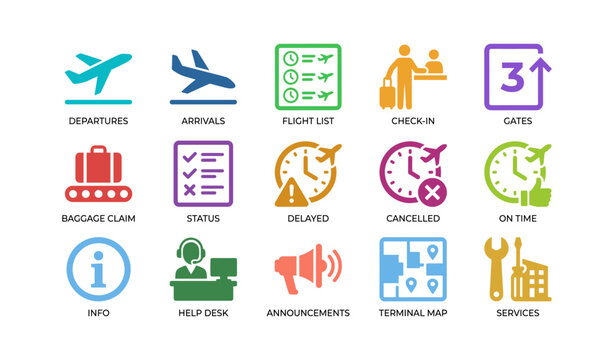 Airport signage icons for flight services on white background