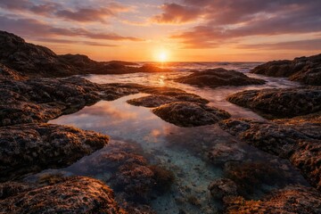 Fototapeta premium Sunset over rocky shoreline featuring tranquil natural tide pools