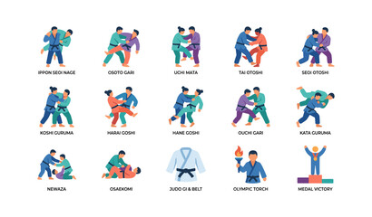 Fototapeta premium Judo technique icons illustrating throws and gi in grid